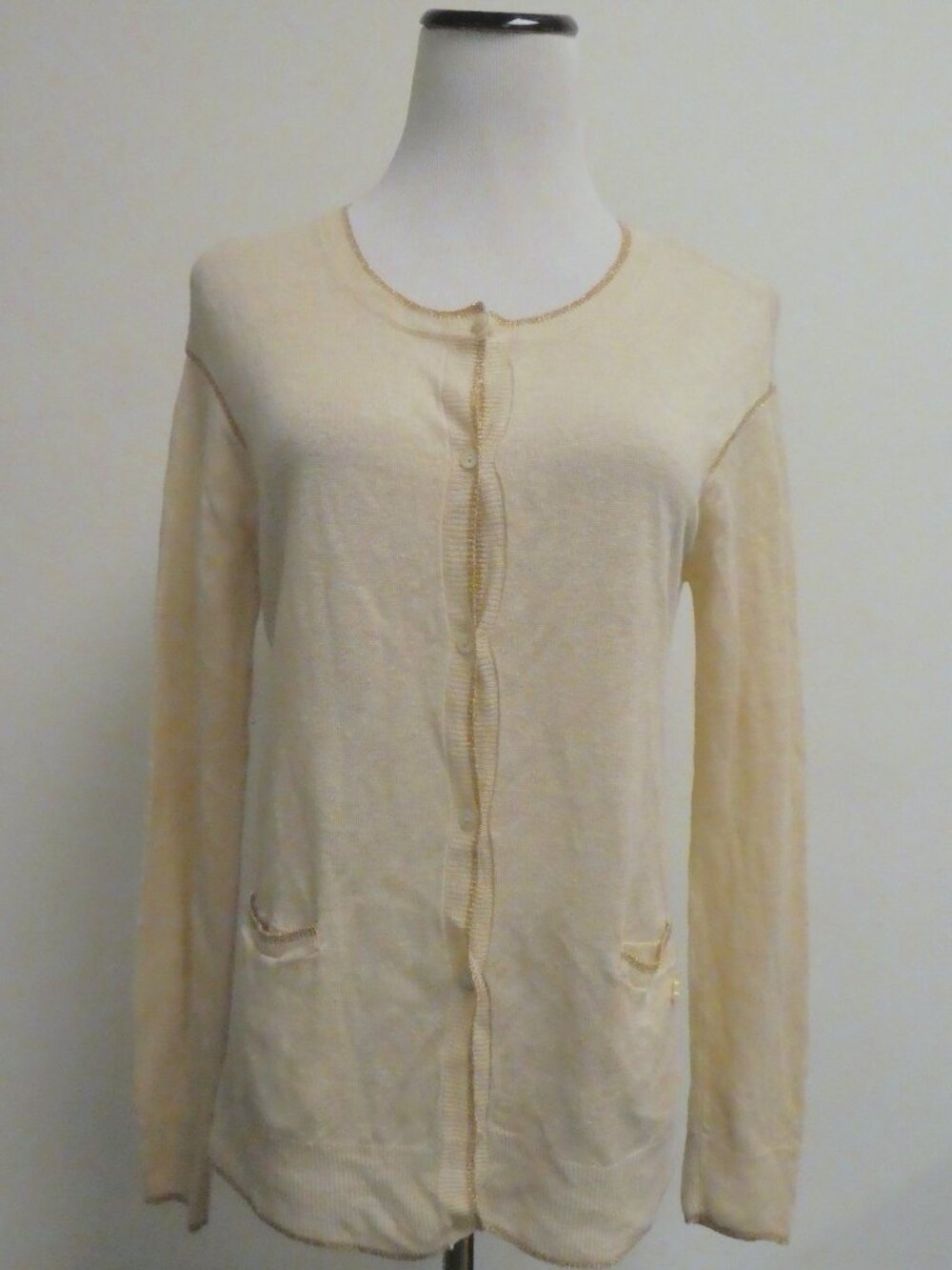 Cop Copine linen knit cardigan sweater pockets cream gold metallic S